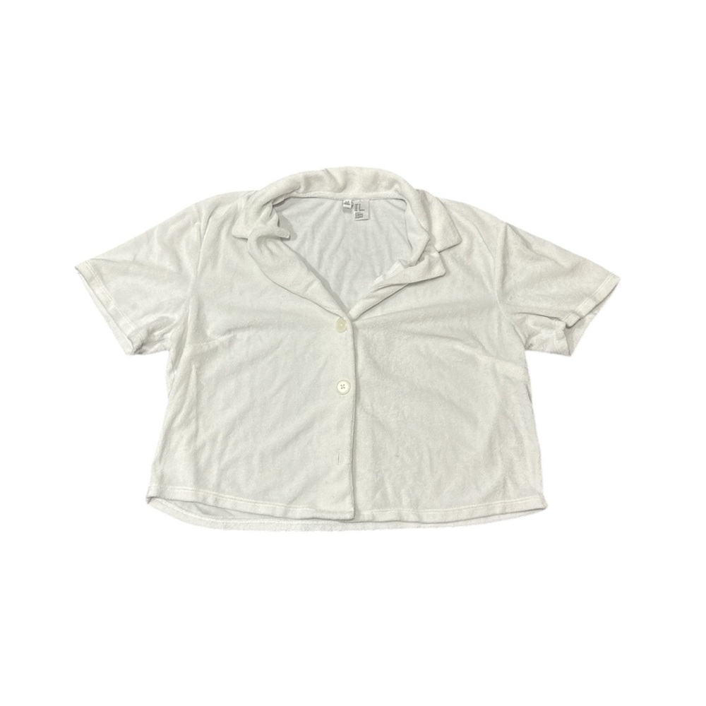 H&M White Terry Cloth Short Sleeve Button-Up Shirt